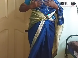 des indian horny cheating tamil telugu kannada malayalam hindi wife vanitha wearing blue colour saree  showing heavy boobs and shaved pussy press hard boobs press nip scraping pussy revilement